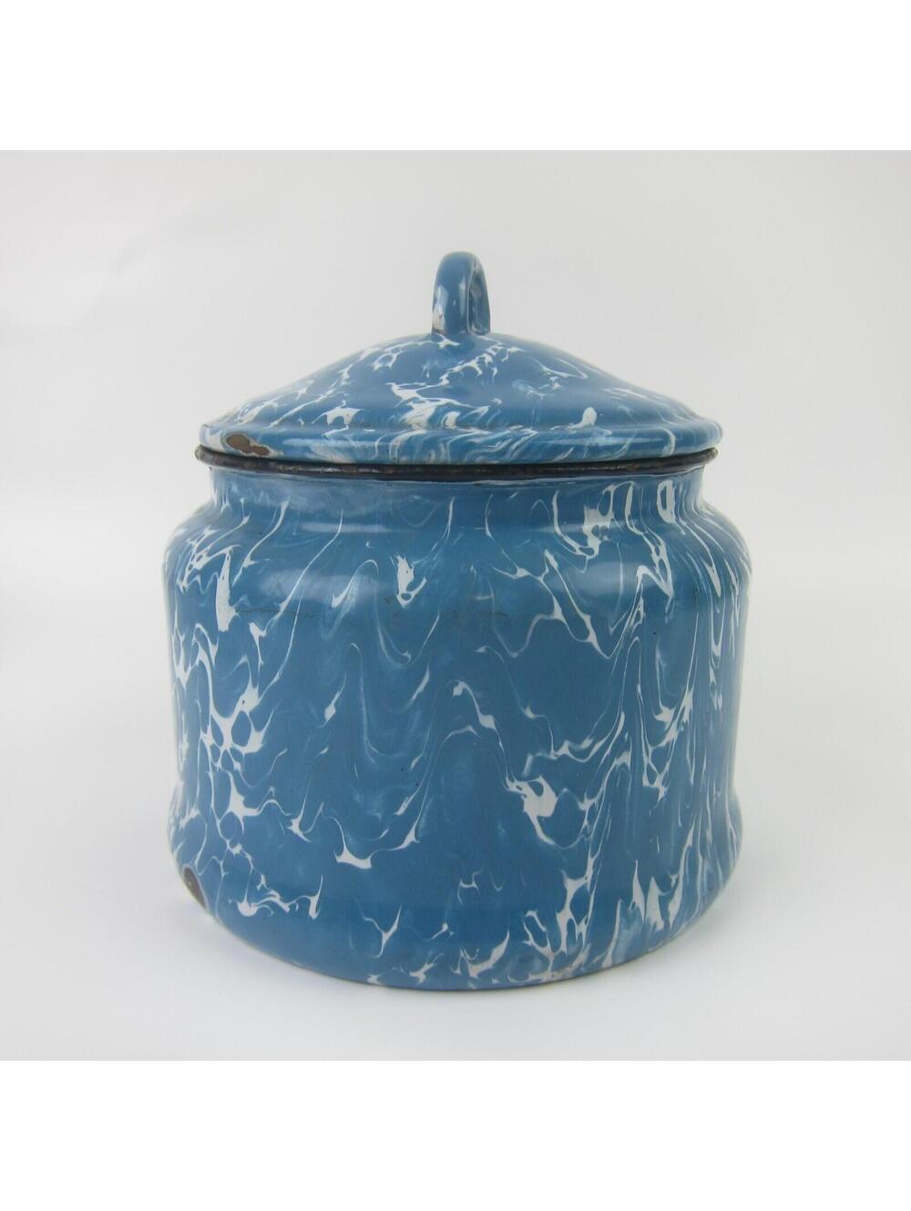 Antique Graniteware Enamelware Pot Blue & White Swirl with Lid Preserving Kettle - Picture 3 of 10